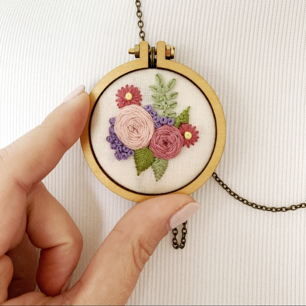 Handmade // Embroidered Flower Pendant Necklace